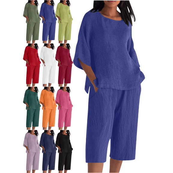 Xdegoge Cotton Sets for Women 2 Piece Summer Travel Lounge Outfits Batwing Sleeve Crewneck Pullover Tops Oversized Comfy T-Shirt Elastic Waist Wide Leg Cropped Pants Loungewear Fit Casual Vacation
