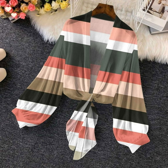 Xdegoge Cover Ups for Women Tie Front Cardigan Tops Bow Sheer Lantern Long Sleeve Blouse Fashion Summer Tops 2025 Lightweight Fashion Printed Beach Shirts Under 5.00 Past Purchases