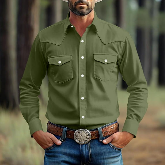 Xdegoge Cowboy Shirts for Men Plus Size Western Long Sleeve Button Down Shirts with Pockets Collared Cardigan Solid Color Tops Casual Loose Vintage T-Shirt ofertas En Walmart Add To My Order Today