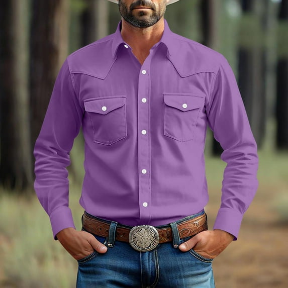 Xdegoge Cowboy Shirts for Men Plus Size Western Long Sleeve Button Down Shirts with Pockets Collared Cardigan Solid Color Tops Casual Loose Vintage T-Shirt ofertas En Walmart Add To My Order Today
