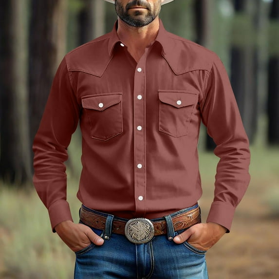 Xdegoge Cowboy Shirts for Men Plus Size Western Long Sleeve Button Down Shirts with Pockets Collared Cardigan Solid Color Tops Casual Loose Vintage T-Shirt ofertas En Walmart Add To My Order Today