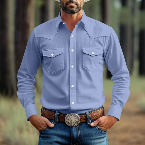 Xdegoge Cowboy Shirts for Men Plus Size Western Long Sleeve Button Down Shirts with Pockets Collared Cardigan Solid Color Tops Casual Loose Vintage T-Shirt ofertas En Add To Today