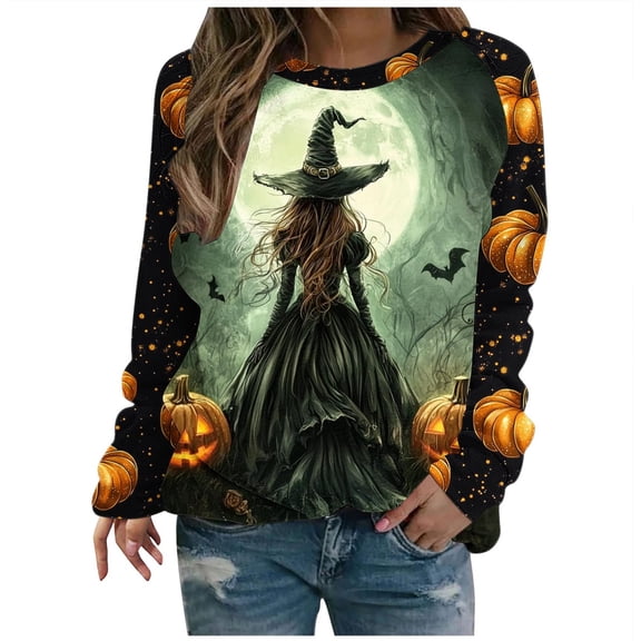 Xdegoge Crew Neck Sweatshirts Womens Plus Crew Neck Witch Graphic Printed Fall Tops Long Sleeve Blouses Loose Fit Shirts Blouses with Pockets Sudaderas Para Mujer