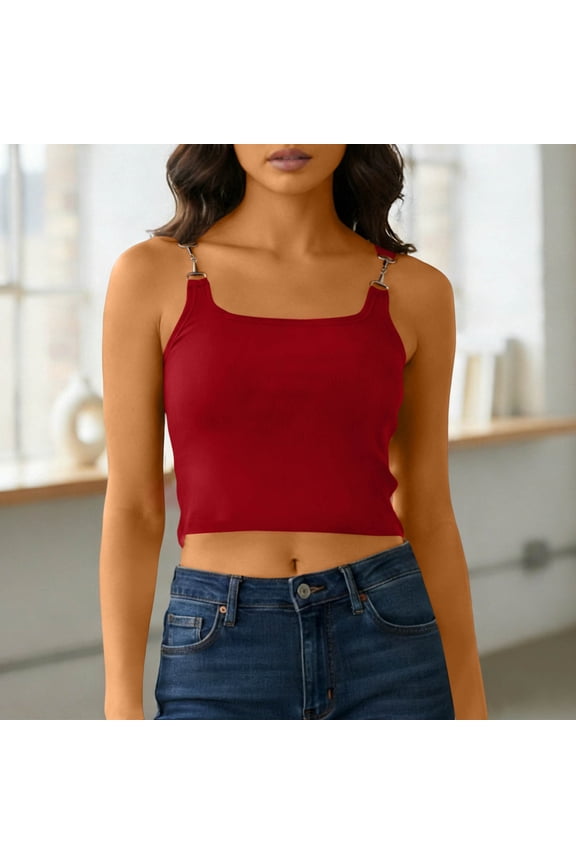 Crop Tops for Women Square Neck Ribbed Knit Tank Tops Metal Chain Straps Slim Fit Stretchy Going Out Clubwear Summer Sleeveless Camisoles Fashion Party Rave Outfits Trendy Streetwear