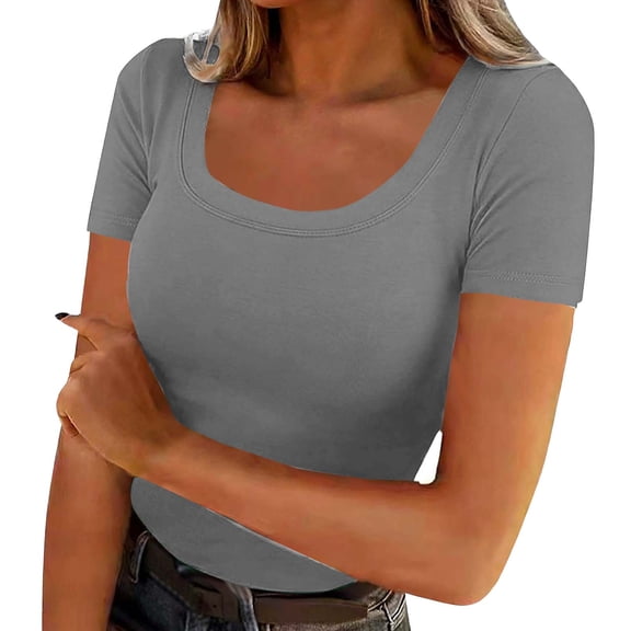 Xdegoge Crop Tops for Women Short Sleeve Fitted Bodycon Tee Square U-Neck Casual Summer Outfit