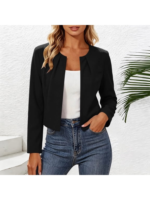 Cropped Blazers for Women Open Front Elegant Long Sleeve Work Office Cardigans Jackets Casual Lightweight Business Draped Lapel Outerwear Suit Tops