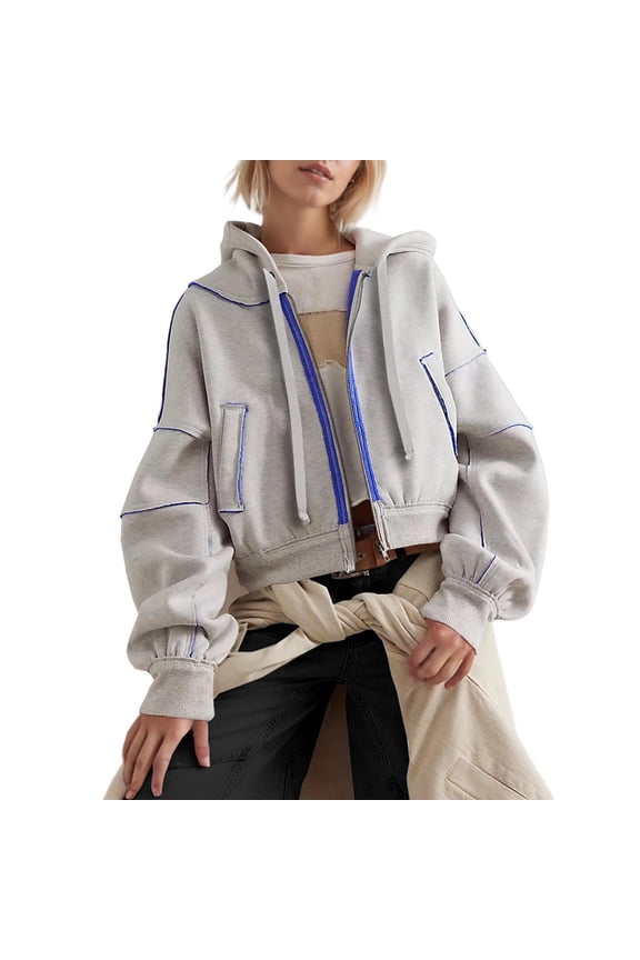 Cropped Hoodie for Women Zip Up Color Block Seams Drop Shoulder Hooded Jacket with Pockets Drawstring Baggy Thick Athlestic Sweatshirts Fall Winter Trendy Jackets 2025