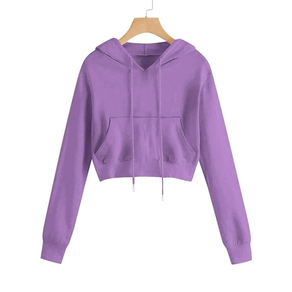 Xdegoge Cropped Hoodies for Women Casual Long Sleeve Drawstring Hooded Sweatshirts with Pocket Outdoor Athletic Loose Plain Tops Fall Winter Pullover Y2K Tops 2025