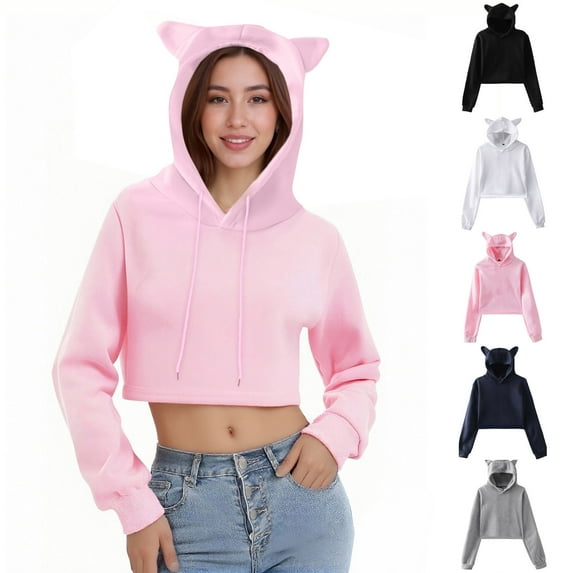 Xdegoge Cropped Hoodies for Women Pullover Long Sleeve Sweatshirts with Cats Ear Hood Cute Drawstring Casual Crop Tops