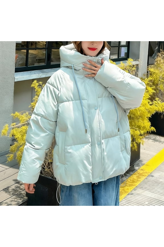 Cropped Jacket Women Heavy Winter Coats Hooded Warm Padded Down Coat Zip Up Long Sleeve Snap Button Deawstring Quilted Puffer Jackets with Pockets Outerwear