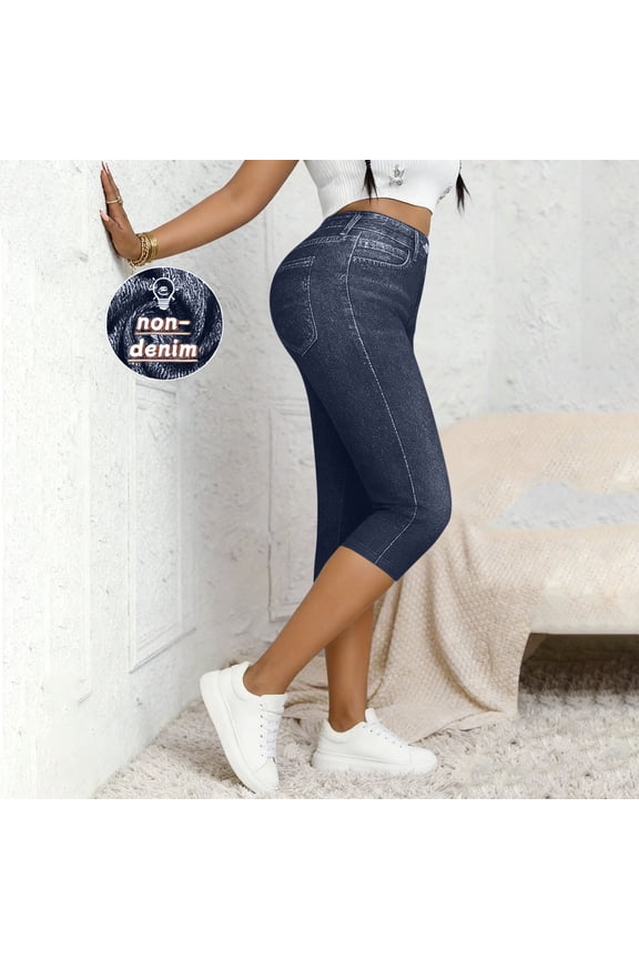 Cropped Jeggings for Women Slim Fit Capris High Waisted Tummy Control Faux Jeans Print Spandex Stretchy Workout Everyday Wear Leggings