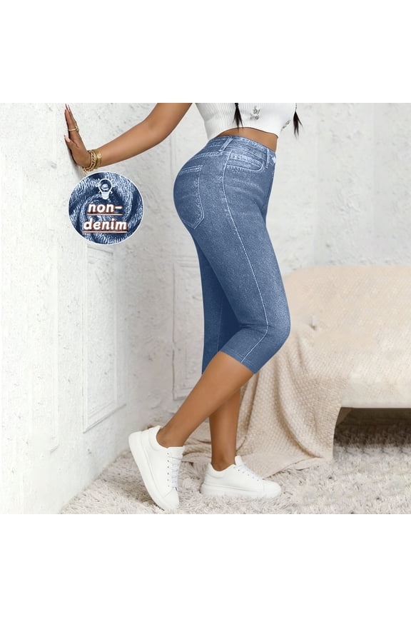 Cropped Jeggings for Women Slim Fit Capris High Waisted Tummy Control Faux Jeans Print Spandex Stretchy Workout Everyday Wear Leggings