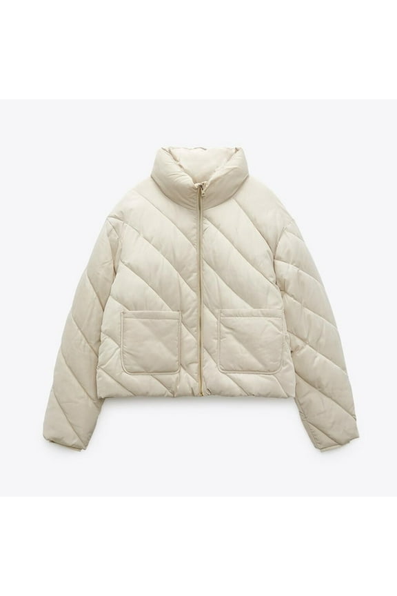 Cropped Padded Jacket for Women Full Zip Warm Stand Collar Quilted Jackets with Pockets Baggy Basic Solid Color Lounge Puffer Coat 2025 Winter Thermal Down Coats