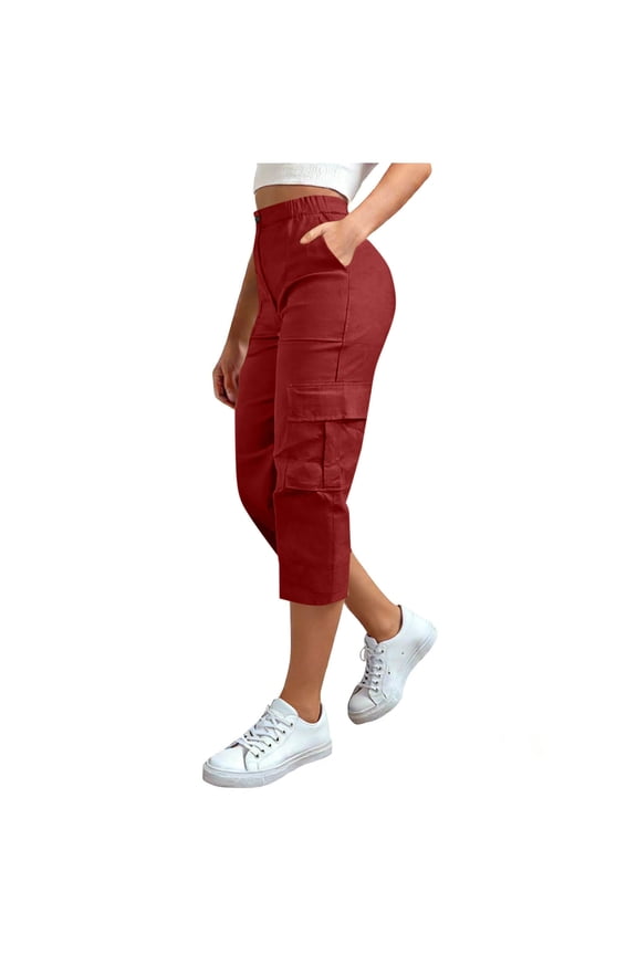 Cropped Pants Cargo Capris for Women Summer Casual Loose Fit High Waist Hiking Trousers with Flap Pockets Elastic Waistband Outdoor Apparel