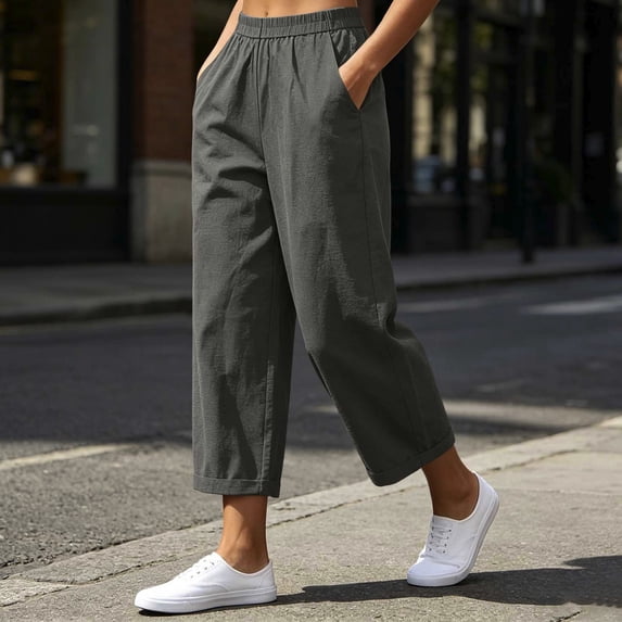Xdegoge Cropped Pants for Women Casual Elastic Waist Loose Fit Comfy Lightweight Capris for Lounge Summer Wear with Side Pockets Flattering Wide Leg Trousers