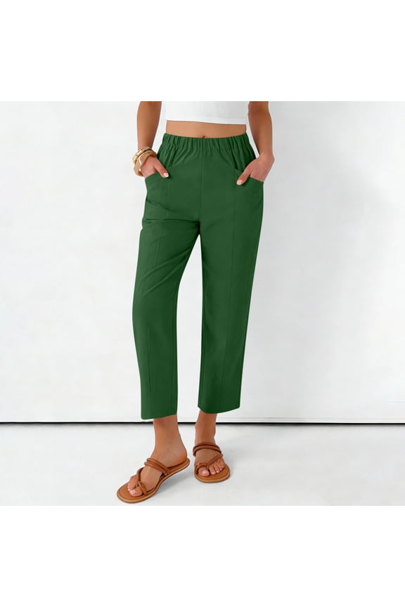 Cropped Pants for Women Elastic Waist Tapered Capris Straight Leg Casual Trousers with Side Pockets Lightweight Breathable Work Office Bottoms