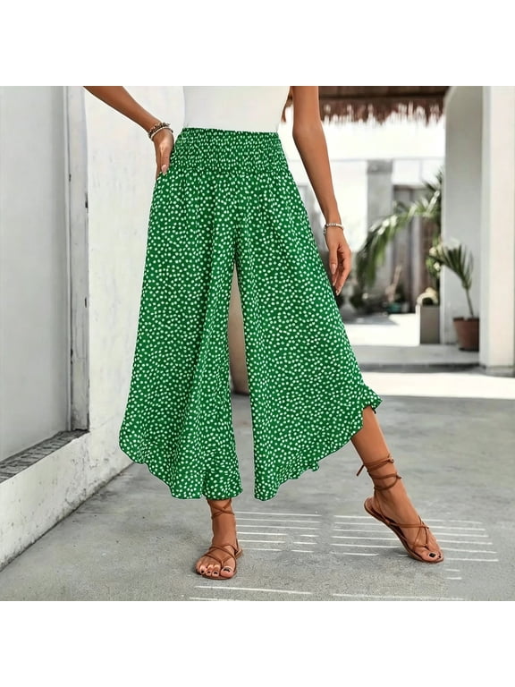 Cropped Pants for Women Boho Flowy High Waisted Shirred Waistband Ruffle Hem Lightweight Breathable Casual Summer Beach Vacation Trousers