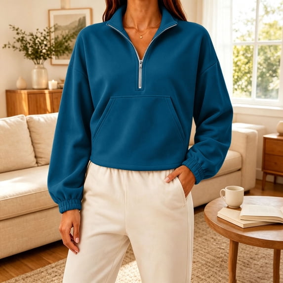 Xdegoge Cropped Quarter Zip Sweatshirts for Women Fleece Pullover Hoodies with Pocket Trendy Fall Athletic Gym Workout Tops Long Sleeve Elastic Hem Casual Wear