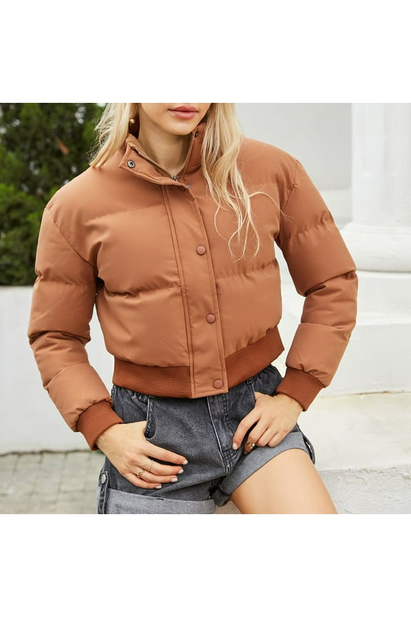 Cropped Quilted Jacket for Women Long Sleeve Stand Collar Warm Full Zip Puffer Jacket with Pockets Solid Color Bubble Warm Short Parka Down Coat 2025 Winter Streetwear