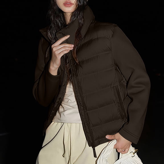 Xdegoge Cropped Quilted Jacket for Women Zip Up Patchwork Sleeve Stand Collar Padded Jackets with Zipper Pocket Slim Fit Fashion Warm Short Down Coats Comfy Winter Coat 2025