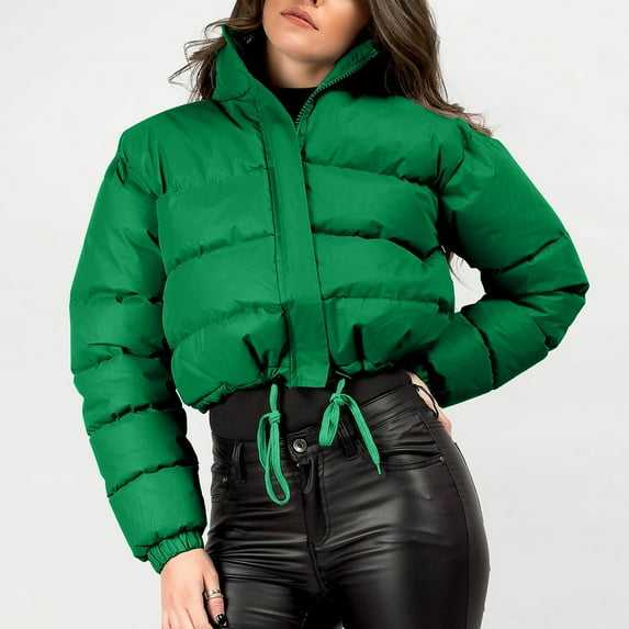 Xdegoge Cropped Quilted Jackets for Women Stand Collar Zip Up Puffy Padded Jackets Trendy Casual Drawstring Hem Down Coats Winter Outerwear Coat 2025