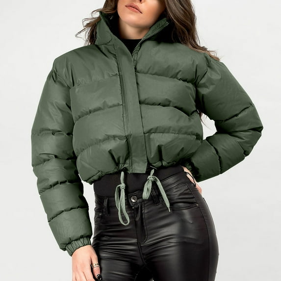 Xdegoge Cropped Quilted Jackets for Women Stand Collar Zip Up Puffy Padded Jackets Trendy Casual Drawstring Hem Down Coats Winter Outerwear Coat 2025