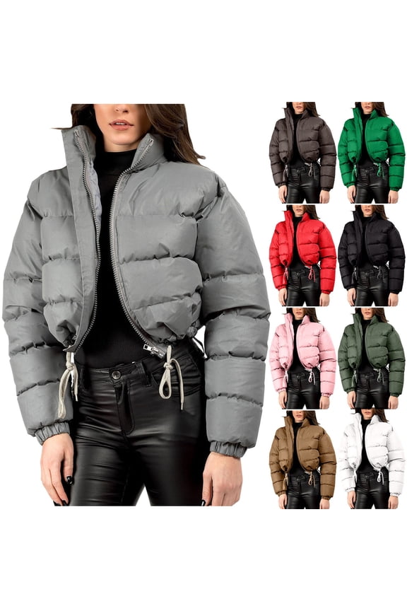 Cropped Quilted Jackets for Women Stand Collar Zip Up Puffy Padded Jackets Trendy Casual Drawstring Hem Down Coats Winter Outerwear Coat 2025