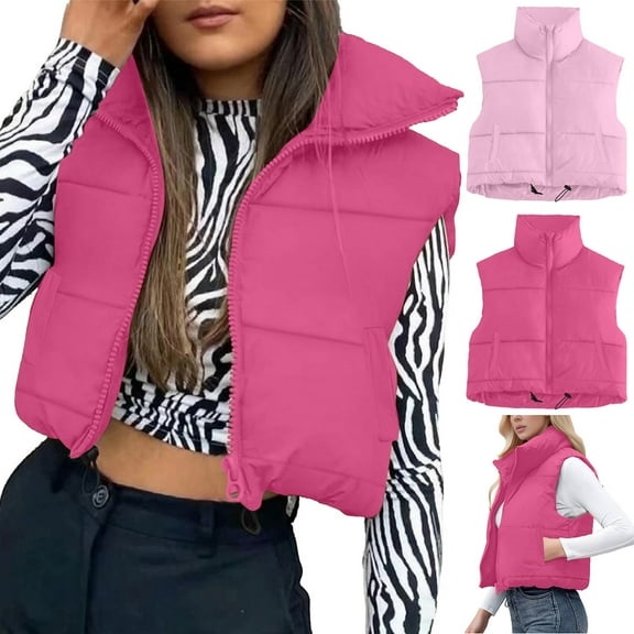 Xdegoge Cropped Winter Puffer Vest Women Sleeveless Zip up Jackets Stand Collar Warm Padded Down Coats Adjustable Hem with Drawstring Fashion Thermal Quilted Vest with Pockets Outerwear