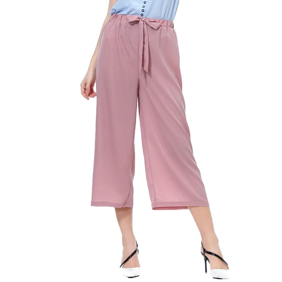 Xdegoge Culottes Pants for Women High Waisted Elastic Waist Drawstring Wide Leg Cropped Length Lightweight Summer Dressy Casual Trousers Office Wear