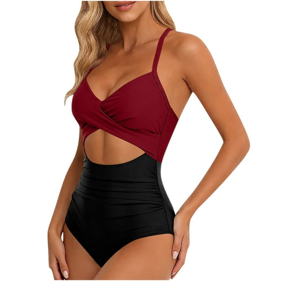Xdegoge Cut out One Piece Swimsuit Women Color Block Wrap V-Neck Bathing Suits Ruched Tummy Control High Cut Swimwear Summer Holiday Beach Club outfits