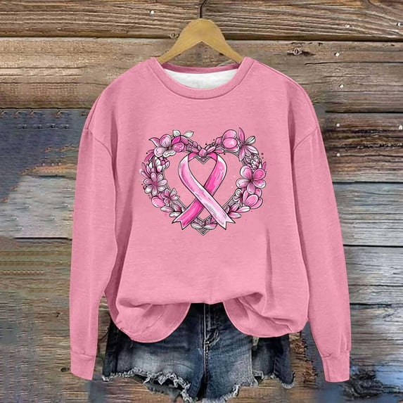 Maqroz Cute Breast Cancer Awareness Sweatshirt for Women Trendy Y2K Cozy Pullover Tops with Pocket Long Sleeve Solid Color Collared Shirts Tops Ropa Pink XXL