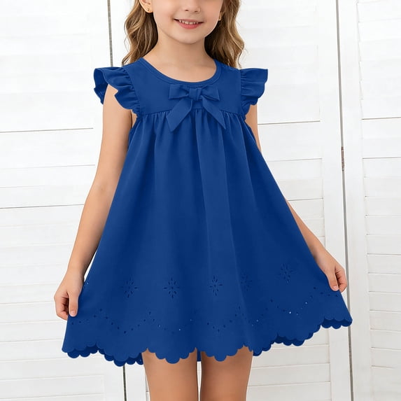 Xdegoge Cute Infant Summer Casual Dress for Baby Girls Knee Length A Line Ruffle Sleeveless Crewneck Bowknot Sundress Solid Eyelet Scalloped Hem Flowy Vacation Beach Play Wear for Toddler