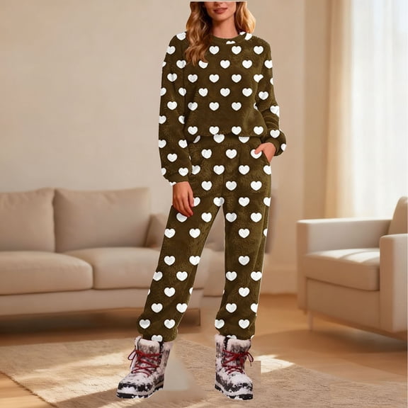 Xdegoge Cute Pajama Sets for Women Fleece Heart Print Long Sleeve Crewneck Pullover Tops Warm High Waist Pants with Pockets Loungewear Loose Fuzzy Cozy Pajamas Set Outfits