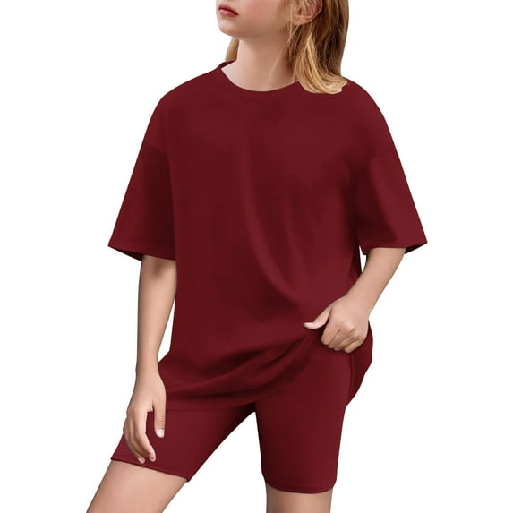 Xdegoge Cute Tops for Teen Girls Kids Summer Oversized Tops Casual Crewneck Basic Tees Loose Fit Basic Tee Shirts Solid Color Casual Blouse Wine 10-12 Camiseta De Para Niños
