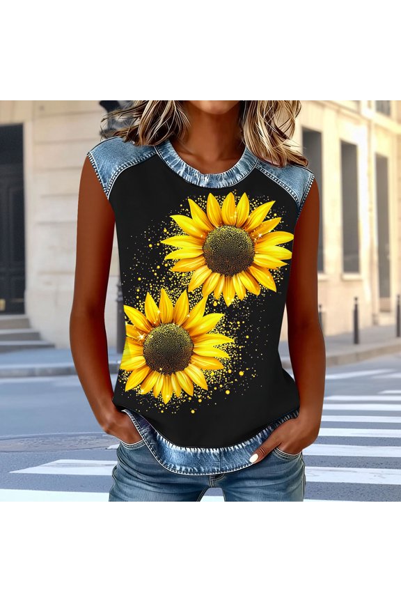 Cute Tops for Women Crew Neck Distressed Denim Splicing Paint Drip Print Graphic Tees Sleeveless Tank Tops Vertical Pattern Lounge Street Outfits