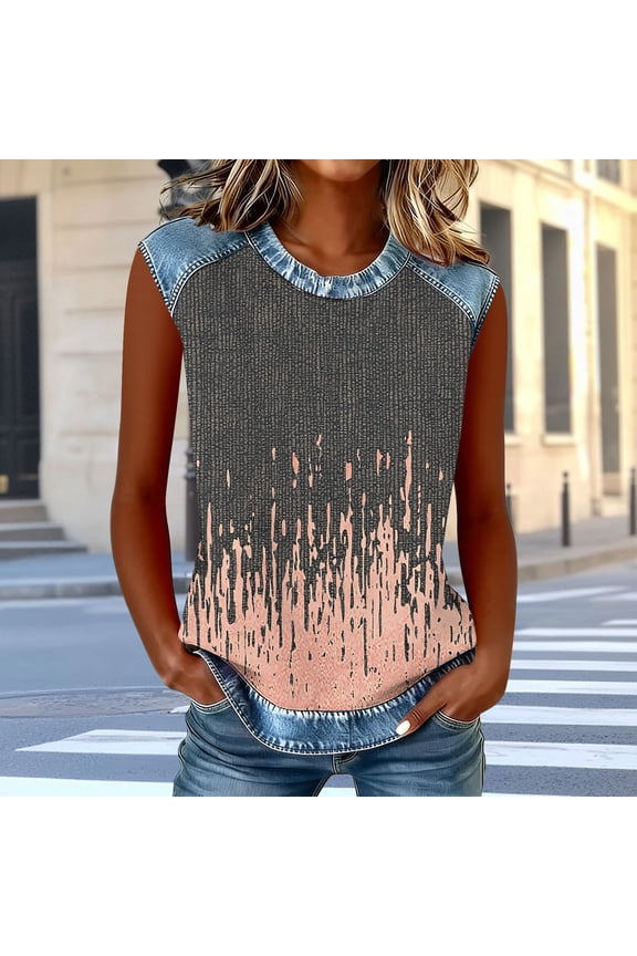 Cute Tops for Women Crew Neck Distressed Denim Splicing Paint Drip Print Graphic Tees Sleeveless Tank Tops Vertical Pattern Lounge Street Outfits