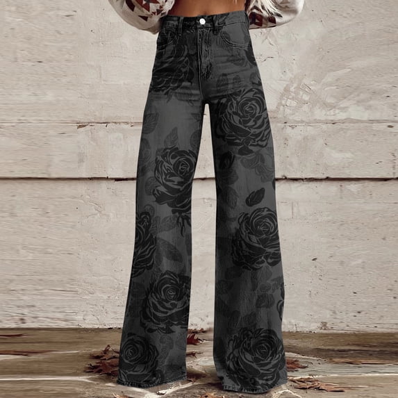 Xdegoge Dark Floral Flare Jeans for Women High Waisted Straight Leg Goth Print Trousers Classic 5-Pocket Comfy Stretchy Bottoms Streetwear Party Edgy Y2K Pants