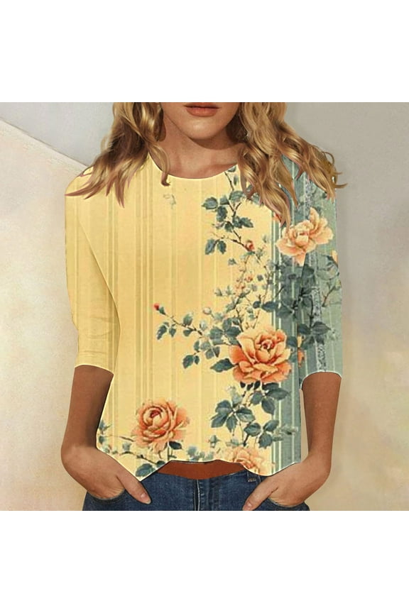 3/4 Length Sleeve Womens Tops Crewneck Oversized Summer Shirts Casual Oversized T Shirt Dressy Work Blouses Solid Color Trendy Going Out Tops Tunic Fit Tees