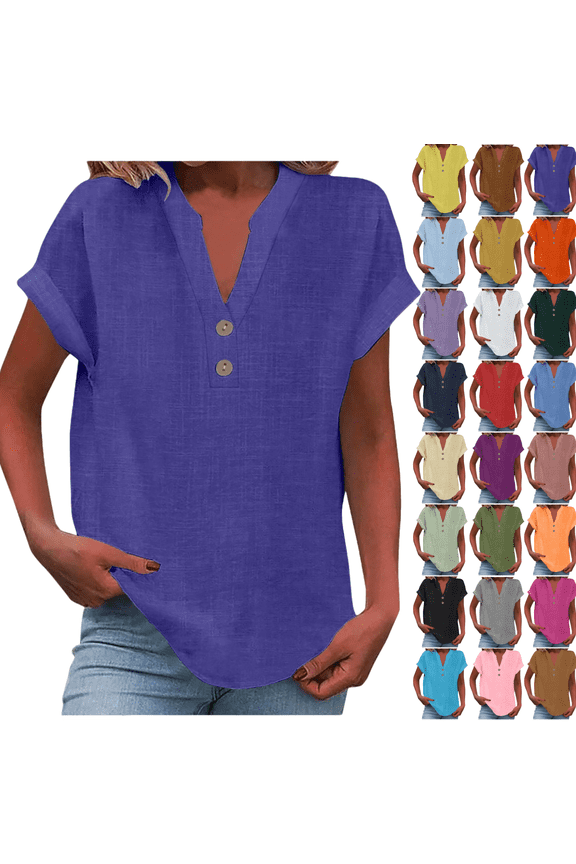 Linen Shirts for Women Plus Size V Neck Blouses Loose Fit Short Sleeve Tops Fashion Summer Shirts Elegant Dressy Casual Blouses Womens T Shirts Clothes 5.00 Mothers Day