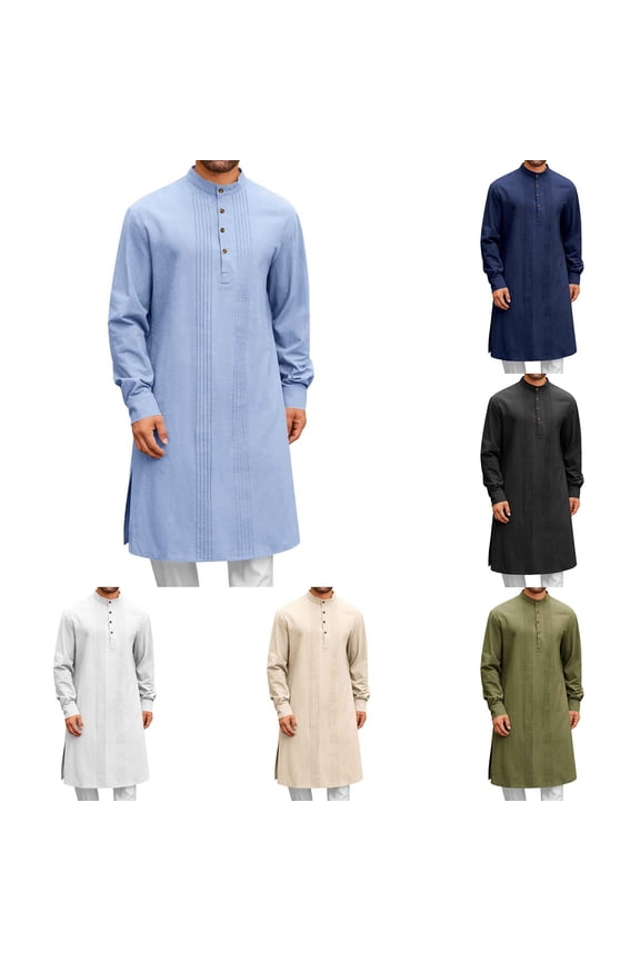 Mens Kaftan Thobe Cotton Linen Henley Shirt Casual Button Down Long Sleeve Robe Tunic Tops Casual Muslim Gown Kurta Add To My Ropa Para Hombre
