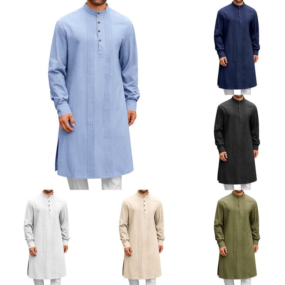 Maqroz Mens Kaftan Thobe Cotton Linen Henley Shirt Casual Button Down Long Sleeve Robe Tunic Tops Casual Muslim Gown Kurta Add To My Ropa Para Hombre