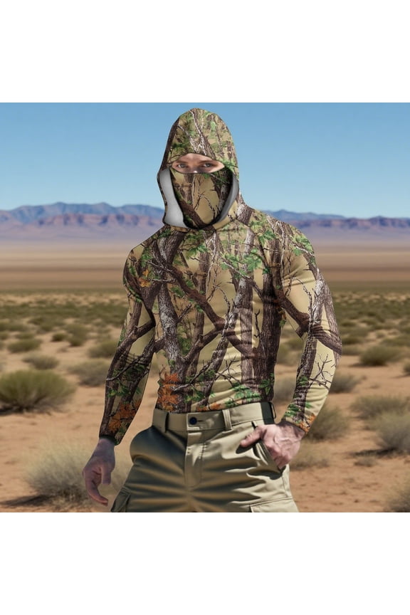 Deep Forest Bark Print Hooded Performance Shirt with Face Mask Men's Camouflage Baselayer Lightweight Woods Hunting Gear