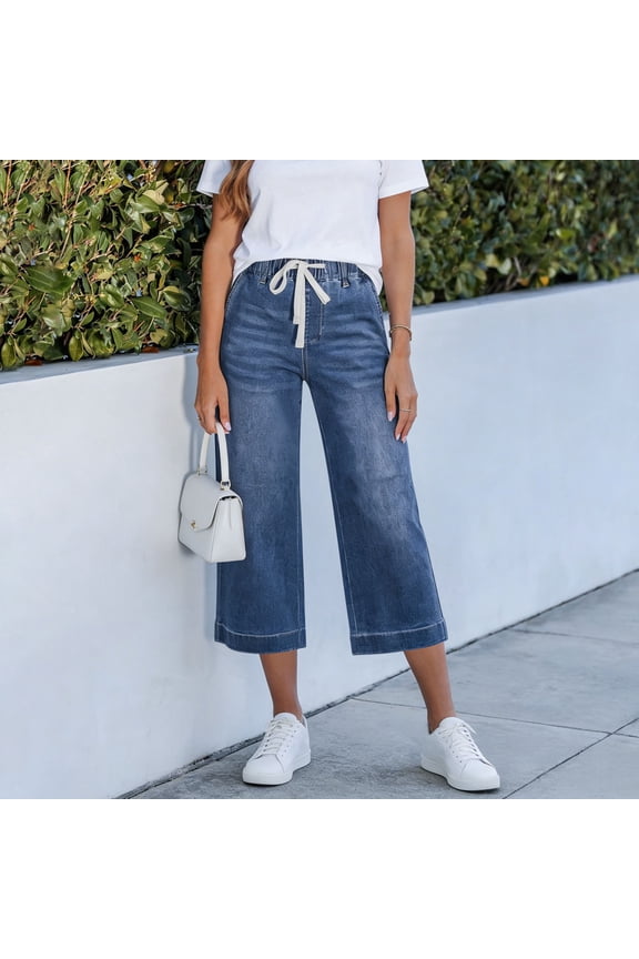 Denim Capris for Women Wide Leg Cropped Pants Elastic Waist Drawstring with Pockets Lightweight Comfy Jeans Casual Everyday Lounge