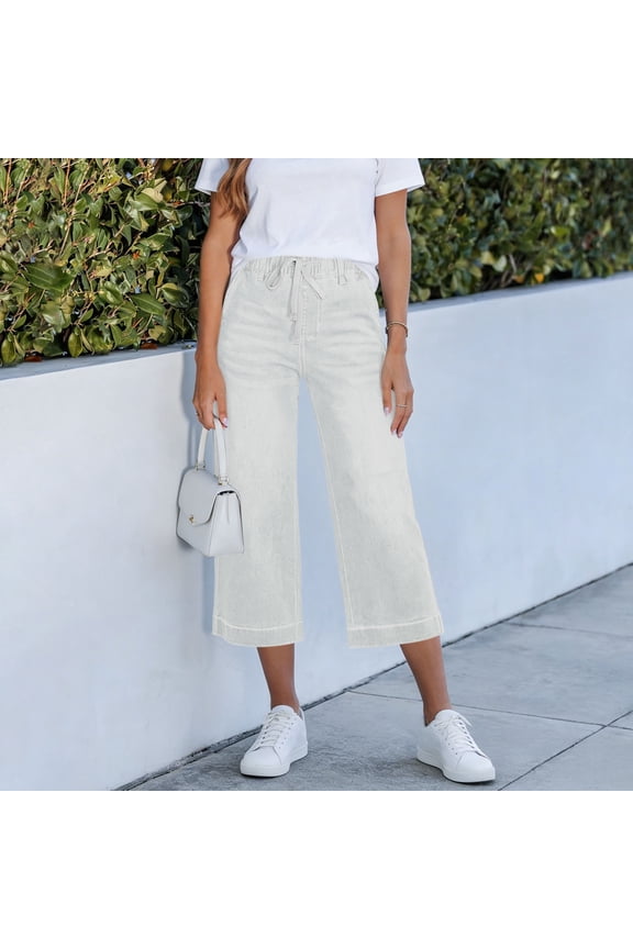 Denim Capris for Women Wide Leg Cropped Pants Elastic Waist Drawstring with Pockets Lightweight Comfy Jeans Casual Everyday Lounge