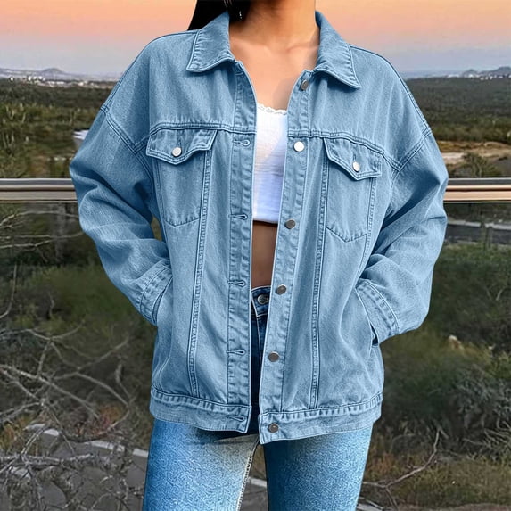 Xdegoge Denim Jackets for Women Oversized Casual Long Sleeve Button Down Jean Jackets Boyfriend Trucker Coats With Flap Pockets Fall Fashion Vintage Outerwear