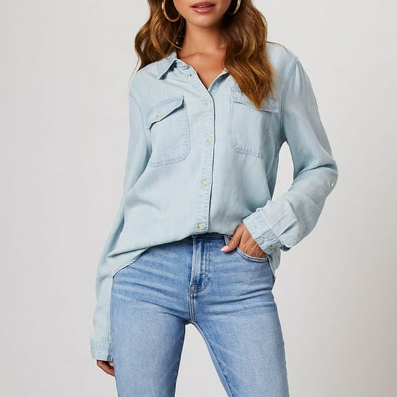 Xdegoge Denim Shirts Women Oversized Button Down Long Sleeve Blouse Collared Casual Jean Shirts with Pockets Trendy Loose Fit Tops Dressy Casual Work Blouses Streetwear Going Out Tops Fashion