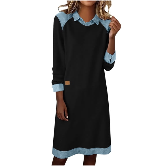 Xdegoge Denim Trim Dress for Women, Fashion Long Sleeve Collared Dresses A Line Midi Sundresses Casual Spring and Fall