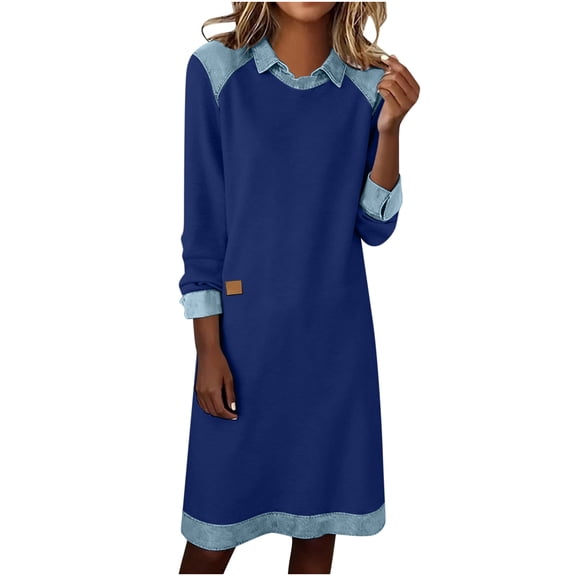 Xdegoge Denim Trim Dress for Women, Fashion Long Sleeve Collared Dresses A Line Midi Sundresses Casual Spring and Fall