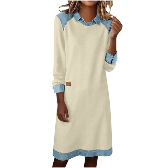 Xdegoge Denim Trim Dress for Women, Fashion Long Sleeve Collared Dresses A Line Midi Sundresses Casual Spring and Fall