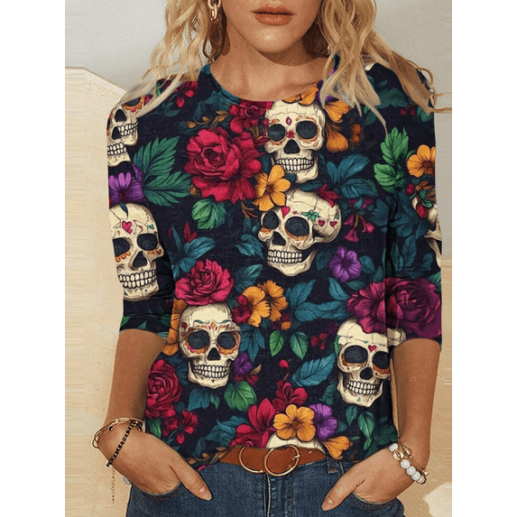 Xdegoge Dia De Los Muertos Shirt Women Day of The Dead Shirts Mexico Skeleton 3/4 Sleeve Tops Plus Size Mexican Skull Tequila T Shirt Vintage Holiday Party Blouses Tequila Costume Crew Neck Tshirts